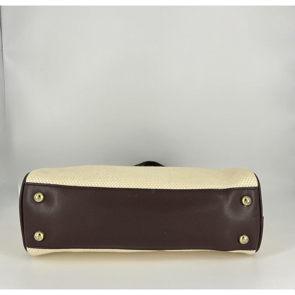 Etienne Aigner Beige Brown Woven Satchel Double Handles Gold Hardware - Picture 5 of 11